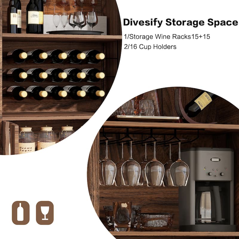 71"Farmhouse Arched Wine Bar Cabinet, Arch Cabinets &Coffee Bar, Whiskey Station With Wine Rack And Wine Glass Holder