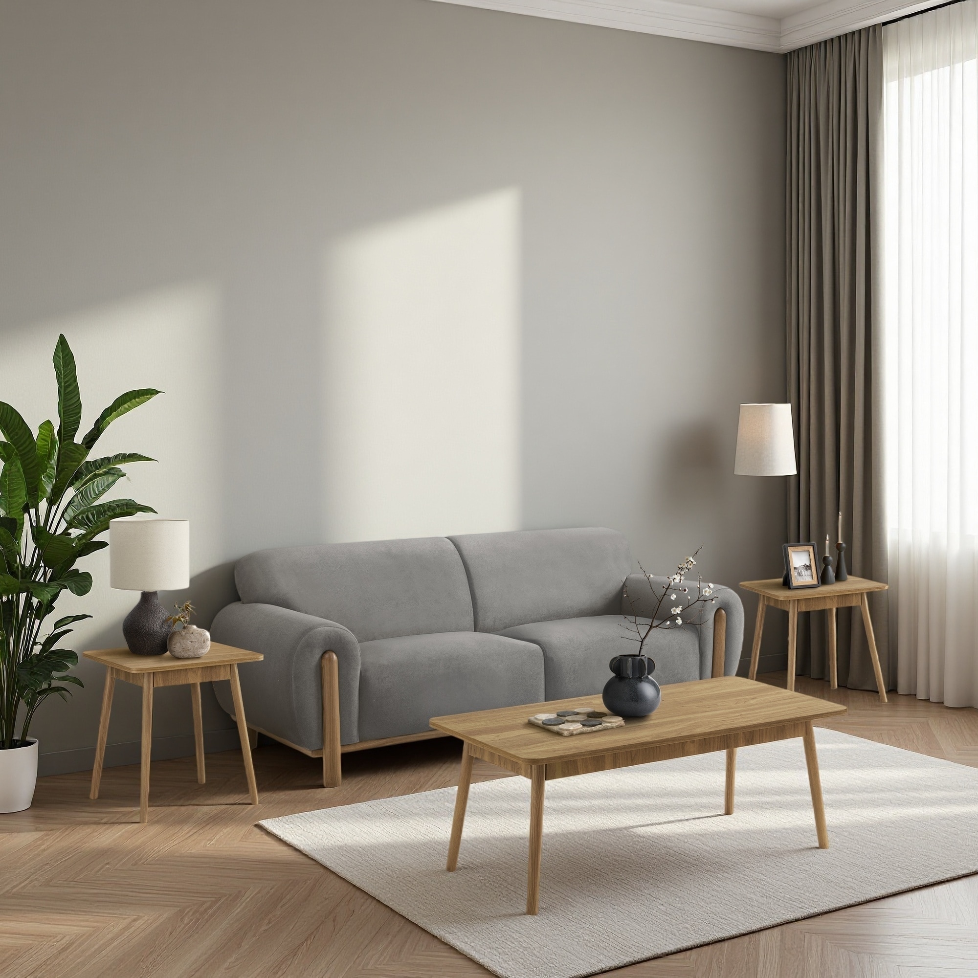 3-Piece Mid-Century Modern Table Set, Laminate Coffee Table & End Tables with Solid Wood Legs