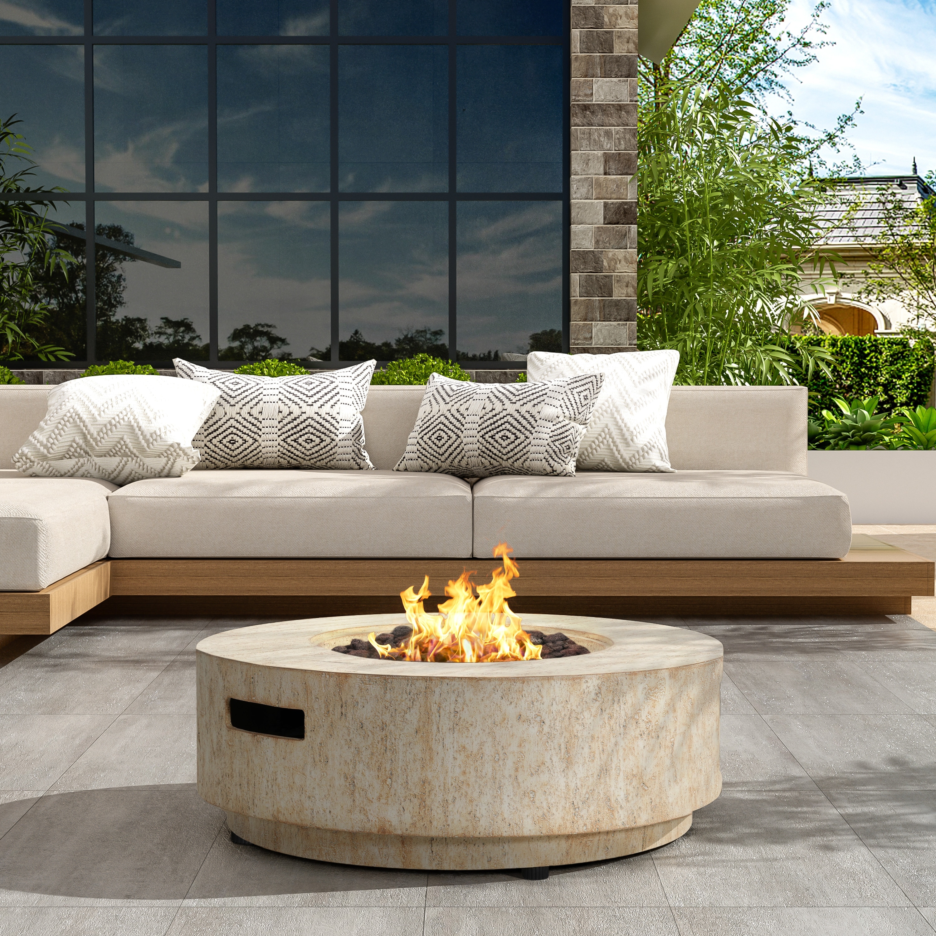 Christopher Knight Home - Trenton Outdoor Lightweight Concrete Fire Pit Table and Side Table Set with Travertine Stone Texture