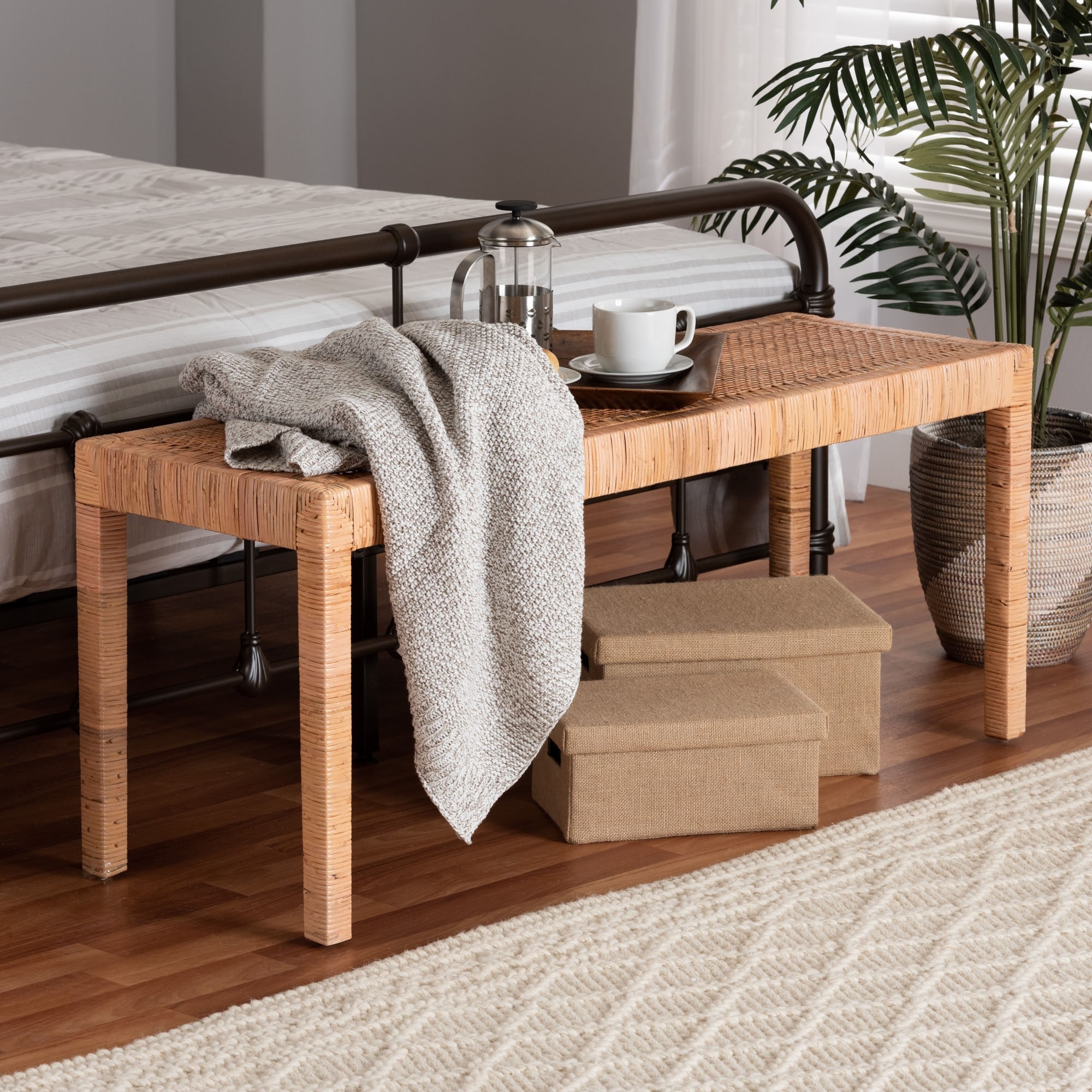 Abelia Modern Bohemian Natural Rattan and Mahogany Wood Accent Bench