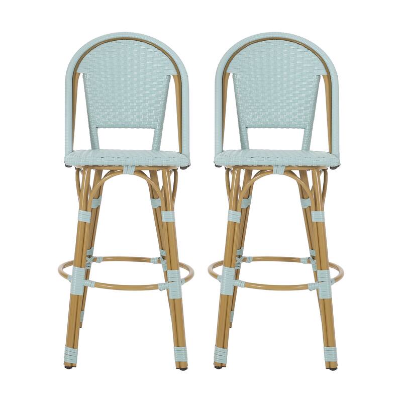 Roomfitters French Bistro Bar Stool Set of 2, 29.5'' Outdoor PE Rattan and Aluminum Counter Chairs with Footrest, Teal Blue