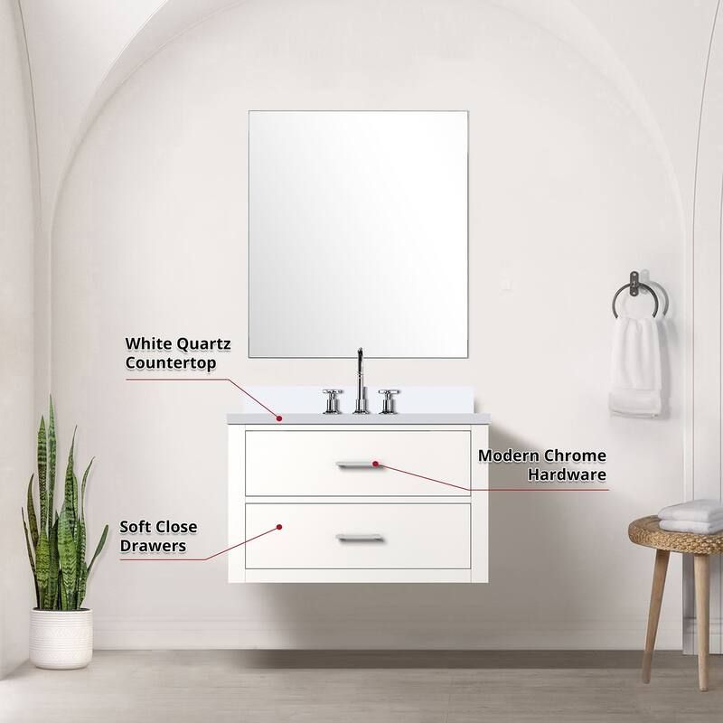 Bathroom Vanity Set with Carrara Marble Countertop, 28" Mirror, Chrome Gooseneck Faucet, Fully Assembled
