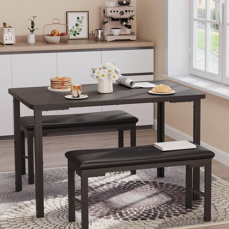 Dining Table Set for 4, Kitchen Table with 2 Benches with Metal Frame, Space-Saving