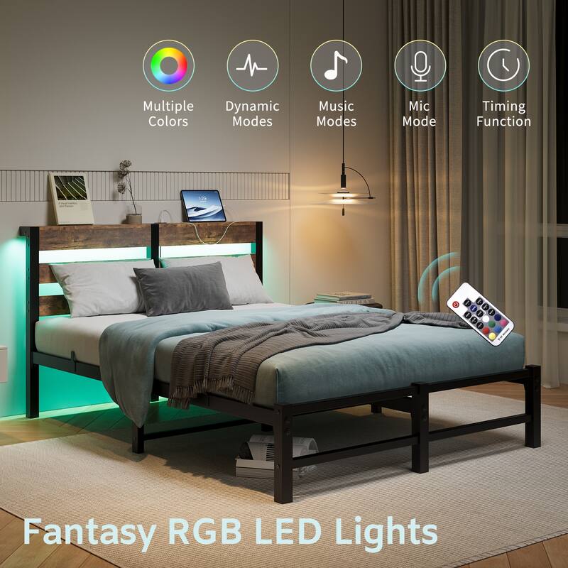 Full Size Metal Platform Bed with Wood Headboard, RGB Lights, Charger