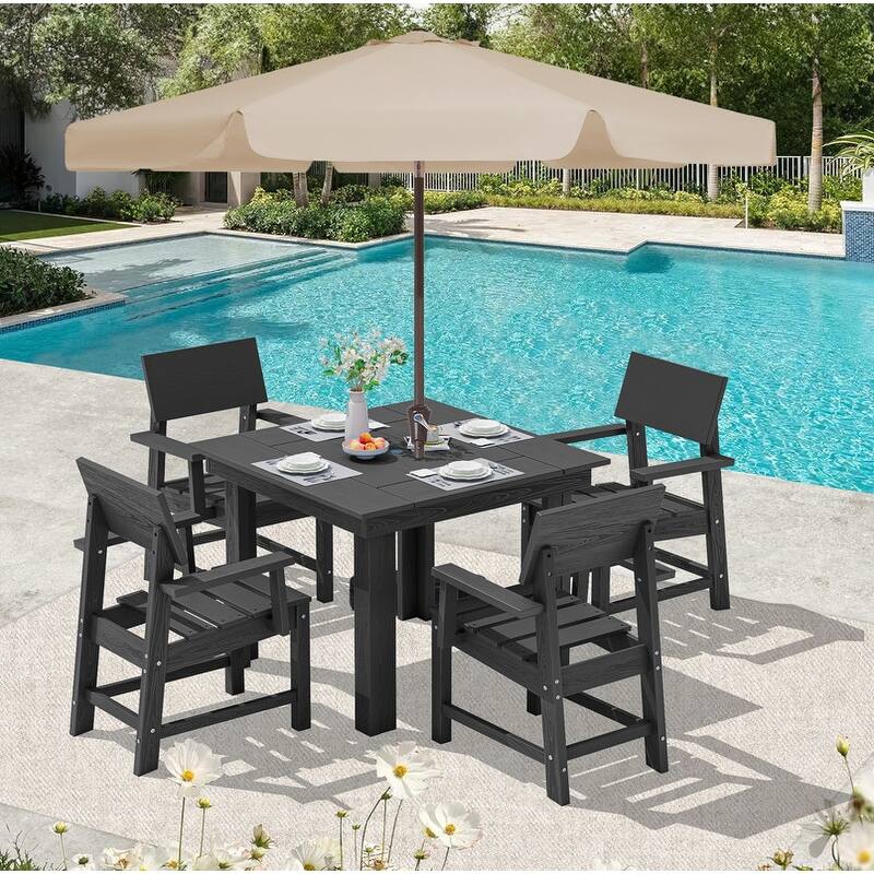 Set of 4 PE Outdoor Dining Armchairs with Wood Grain Finish, All-Weather, Smooth Armrest - Grey