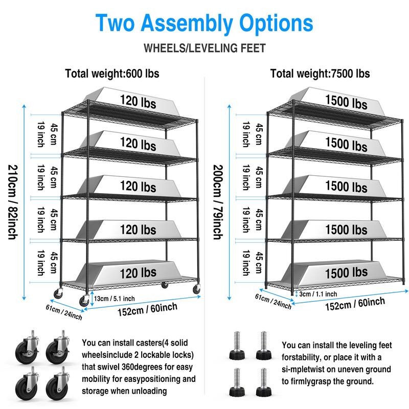 5 Tier Adjustable Metal Wire Shelf Unit with Wheels and Shelf Liners