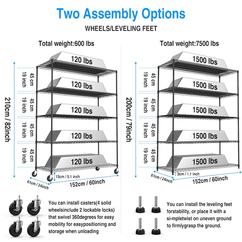 Durable 5 Tier Metal Storage Rack with Adjustable Shelves and Wheel Mobility