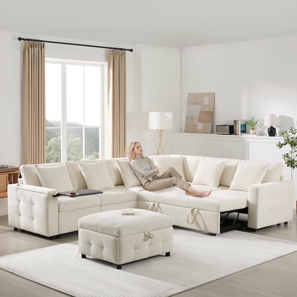 Tufted Chenille Sectional Sofa with Pull-out Bed, Flip-up Table Panel, Reading Lamp, Charging Ports, Storage Ottoman, 6 Pillows