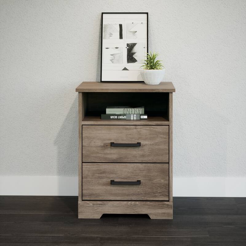 Prepac Rustic Ridge Farmhouse Nightstand Bedside Table, Nightstand for Bedroom, End Table with 2 Drawers and Open Shelf