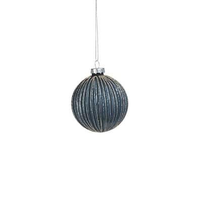 3" Ridged Blue Glass Ball Ornament with Glitter, Set of 6