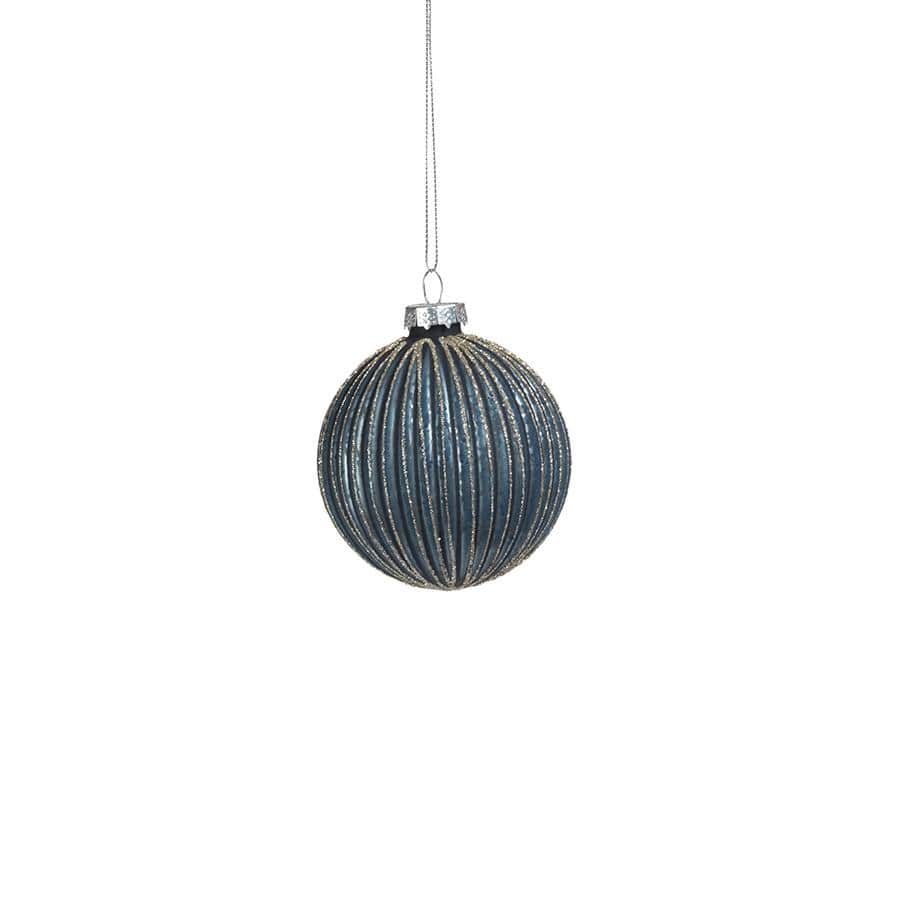 3" Ridged Blue Glass Ball Ornament with Glitter, Set of 6