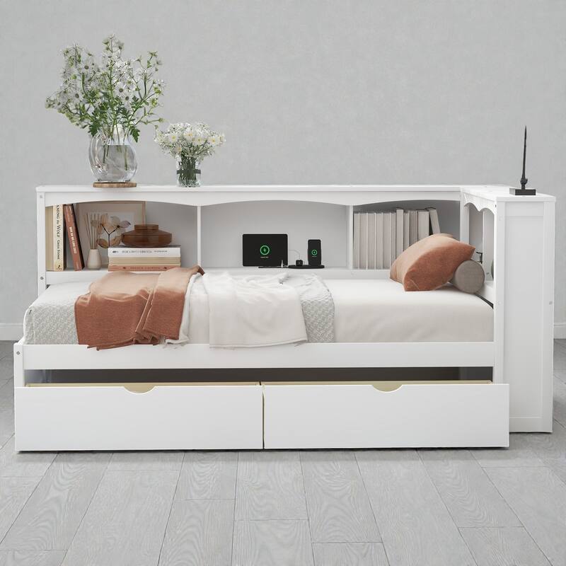 Twin Size Daybed with Storage Drawers, Side Cabinets and USB Ports, Wood Daybed Frame with Charging Station