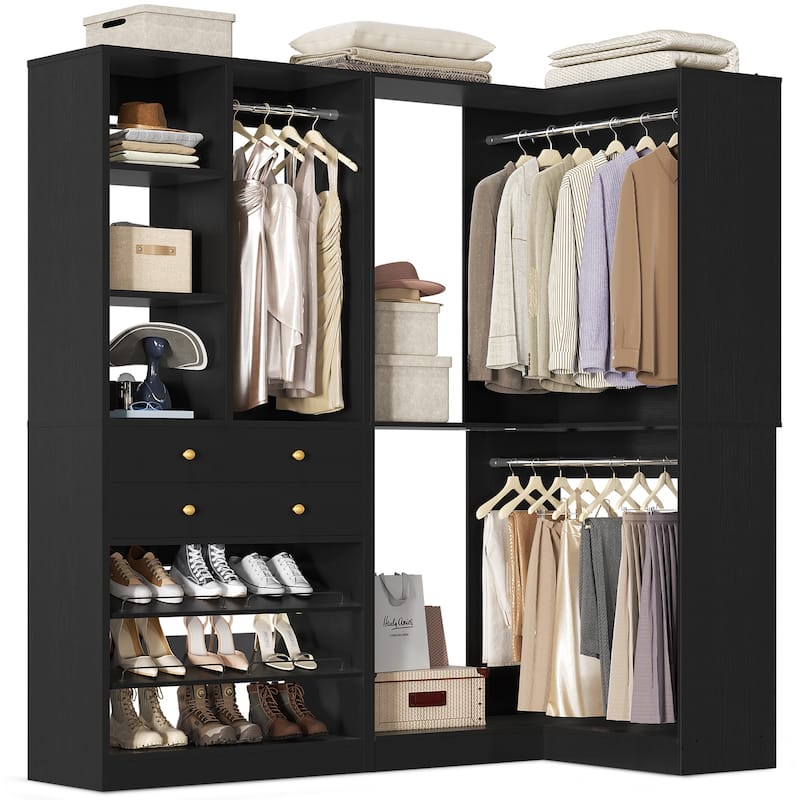 Set of 2/ 3 Coner Closet System with Shoe Racks and Drawers, Freestanding Closet Organizer with Hanging Rods and Shelves