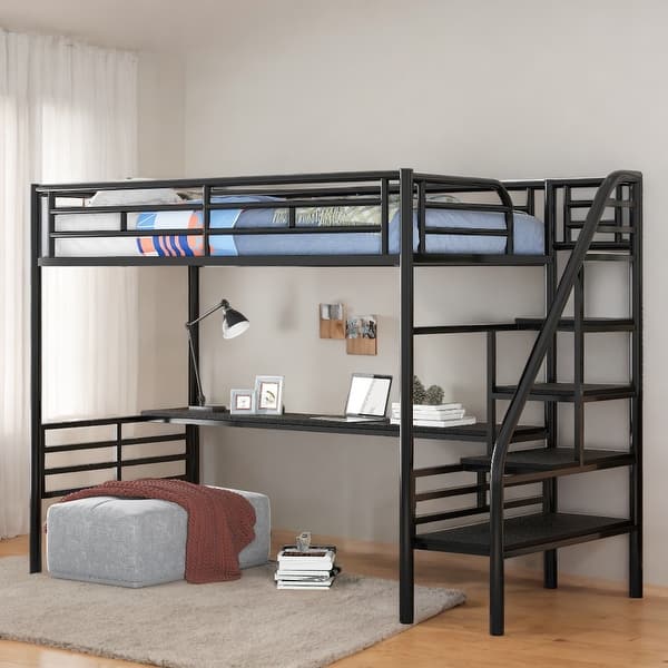 slide 2 of 11, Twin Loft Kids Bed Frame with Desk, Space-Saving Design, No Box Spring Needed, Full-Length Guardrails, Easy Assembly, Black Black