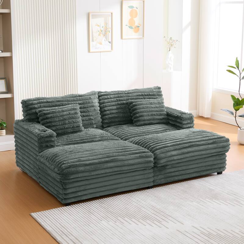 Oversized Double Chaise Lounge Sofa, Living Room 2 Seater Sofa Upholstered Sleeper Sofa Bed Daybed with USB Ports & Cup Holders