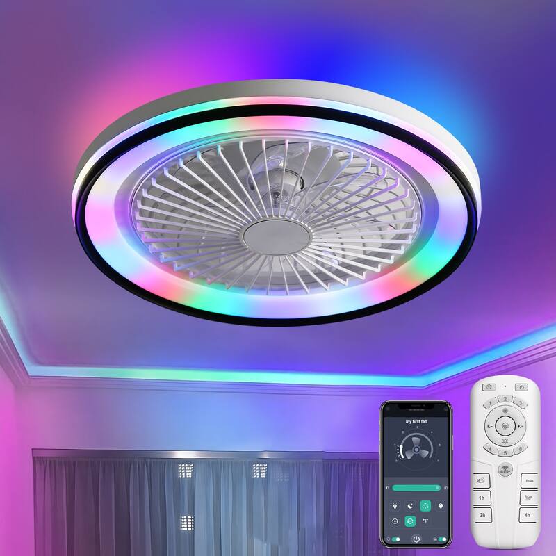 19 Inch RGB Dimmable Led Enclosed Ceiling Fan with Light Flush Mount Bladeless 6 Speed Remote Control for Bedroom Party - White
