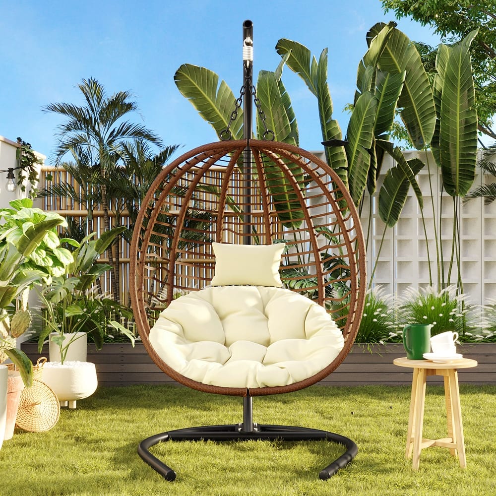 Single Person Folding Wicker Hammock Swing Chair with Adjustable Anti-Slip Feet