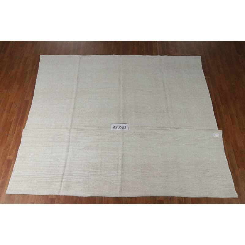 Hand Woven Oriental Cotton Carpet Modern Solid Beige & Ivories Kilim Area Rug - 11' 4'' X 9' 4''