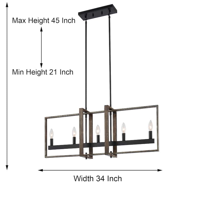 Farmhouse Wood Accent 5-light Geometric Linear Chandelier for Dining Room - 34 inches
