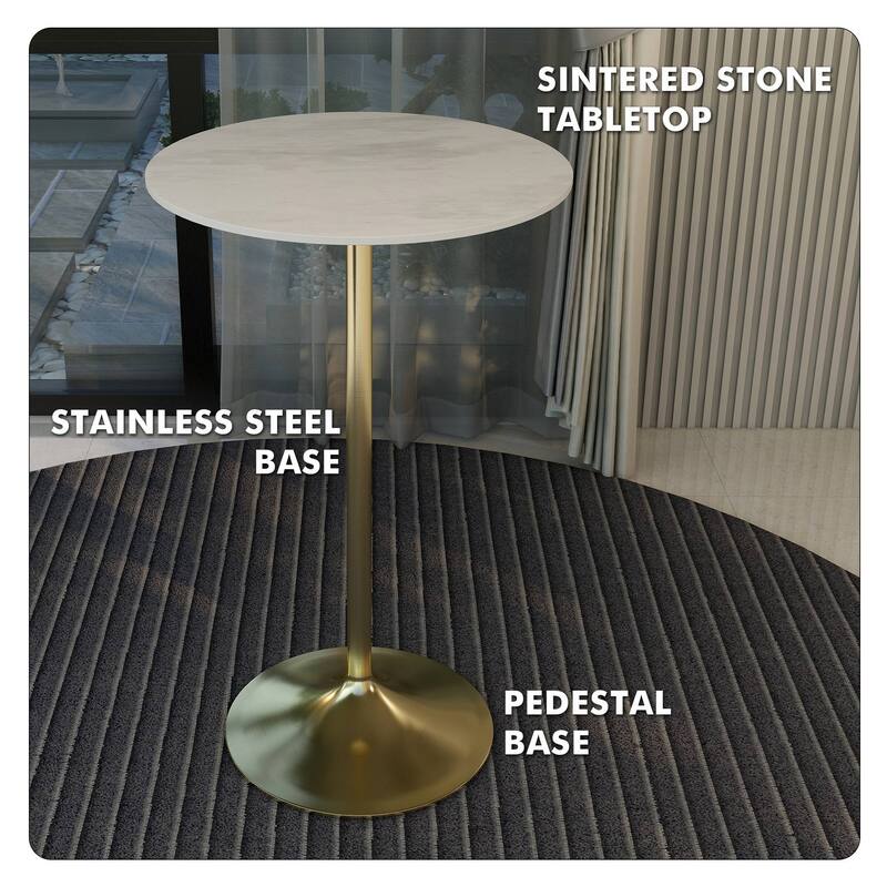 LeisureMod Verve 27" Bar Dining Table with Sintered Stone Round Top in Gold Steel, Gold Marbleized