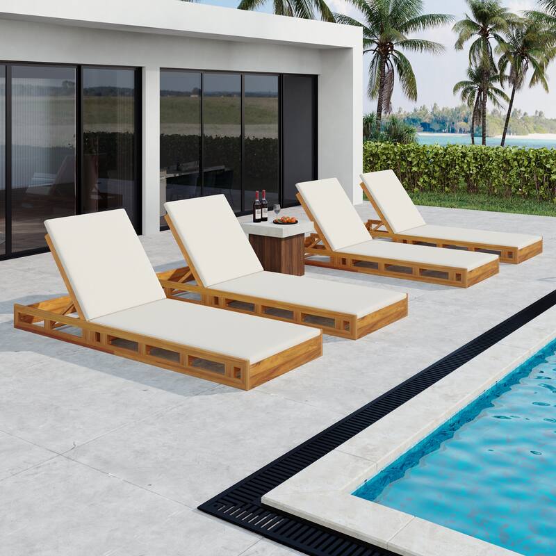 Roomfitters Outdoor Acacia Wood Chaise Lounge with 2-Inch Cream Water-Resistant Cushions Teak Finish
