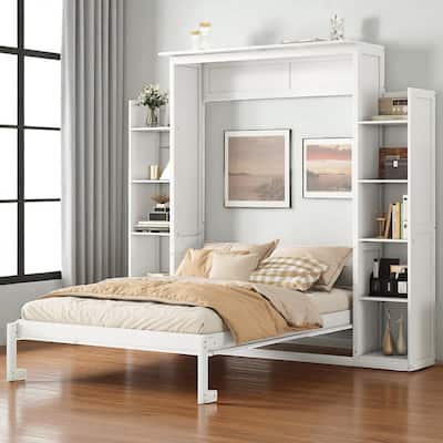 Full/Queen Murphy Wall Bed with Shelves & LED, Dual-Piston, 8 in Mattress, 600 lb Capacity, Space-Saving