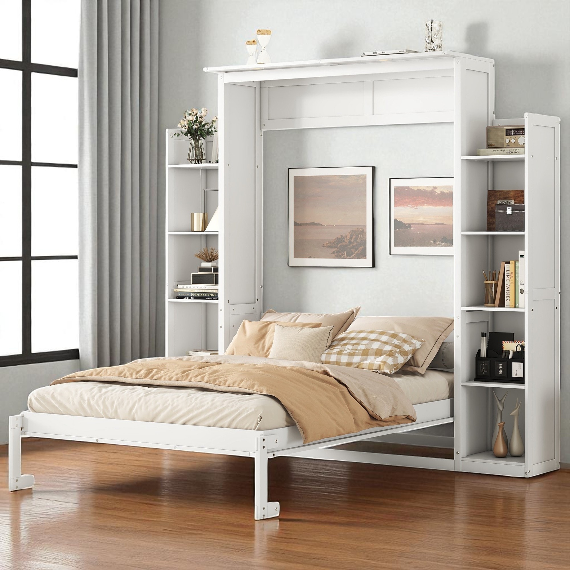 Full/Queen Murphy Wall Bed with Shelves & LED, Dual-Piston, 8 in Mattress, 600 lb Capacity, Space-Saving