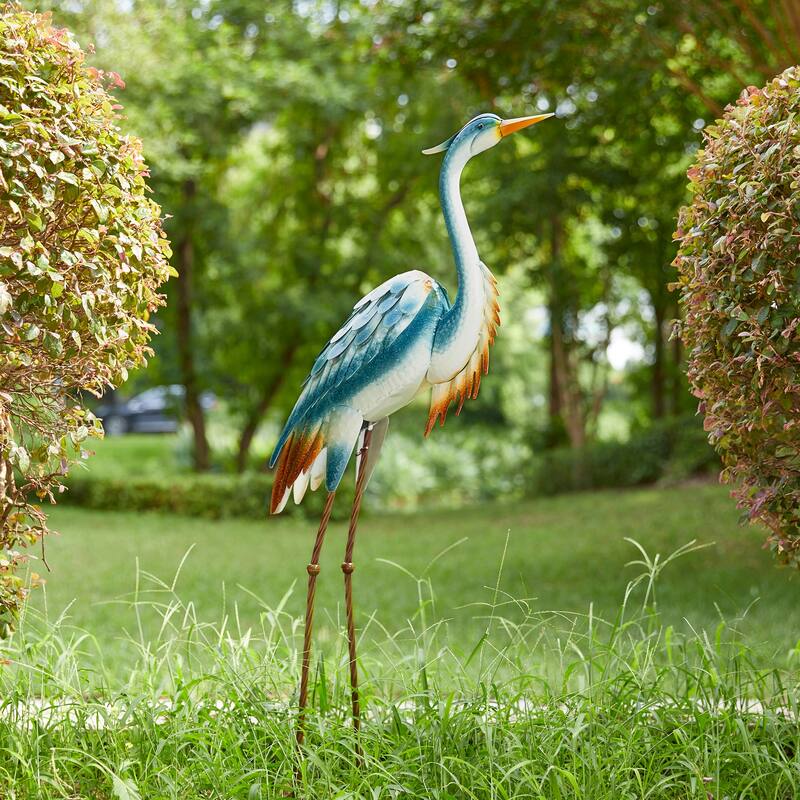 Glitzhome Metal Standing Crane Flamingo Garden Statue with Stakes Yard Art Sculpture Porch Decor - 40"H Crane