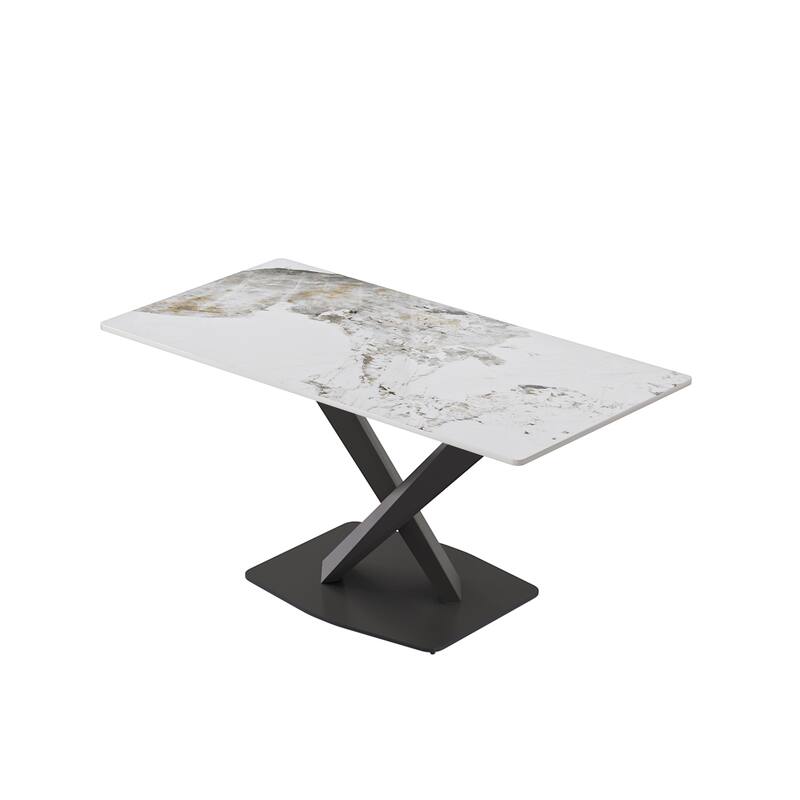 63" Dining Table for 6 with Sintered Stone Tabletop and with X-Shape Carbon Steel Pedestal