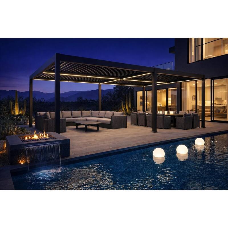 PURPLE LEAF Solar Louvered Pergola with LED String Lights Aluminum Outdoor Pergola with Adjustable Roof for Patio Garden - 13' x 20' - Grey