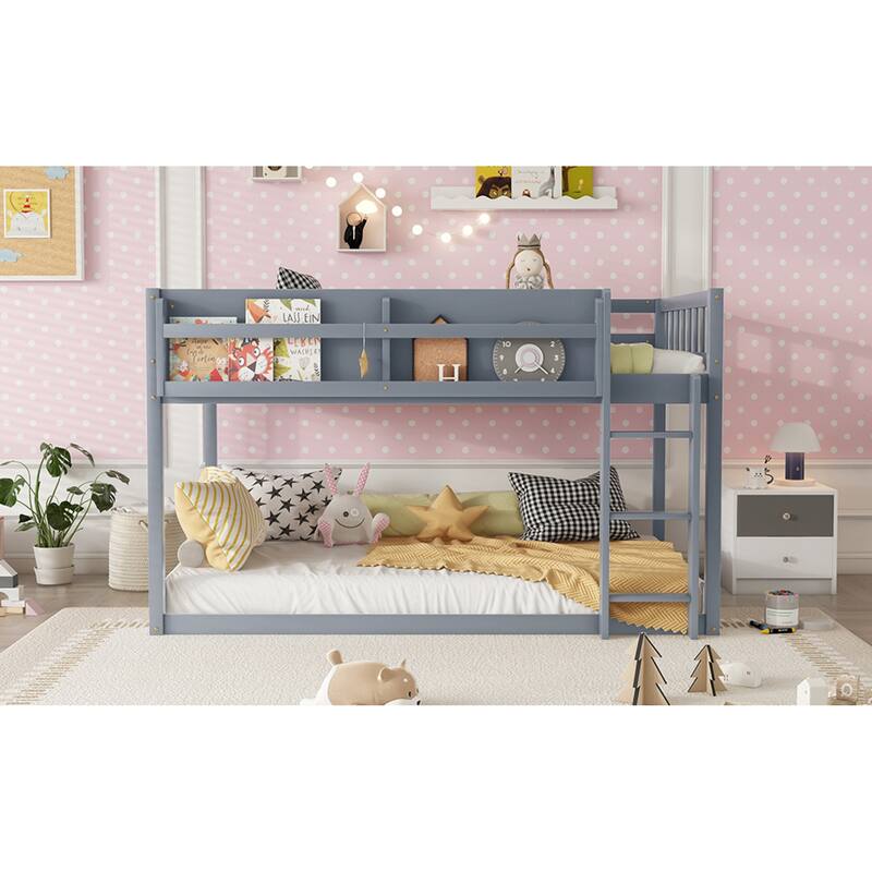 Roomfitters Twin Over Twin Bunk Bed, Low Floor Loft Platform Bed and Shelf with Wooden Frame for Bedroom