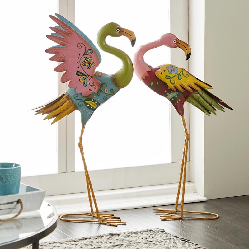 Metal Flamingo Indoor Outdoor Embossed Standing Decorative Garden Sculpture - Set of 2 Multi Colored - Roche River Decor