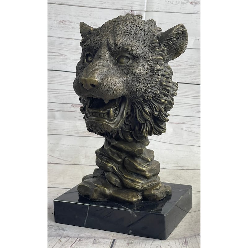 Cougar Imitative Lion Big Imitative Cat Predator Bust Sculpture Statue Bronze On Marble Base 12 Inches X 7 Inches