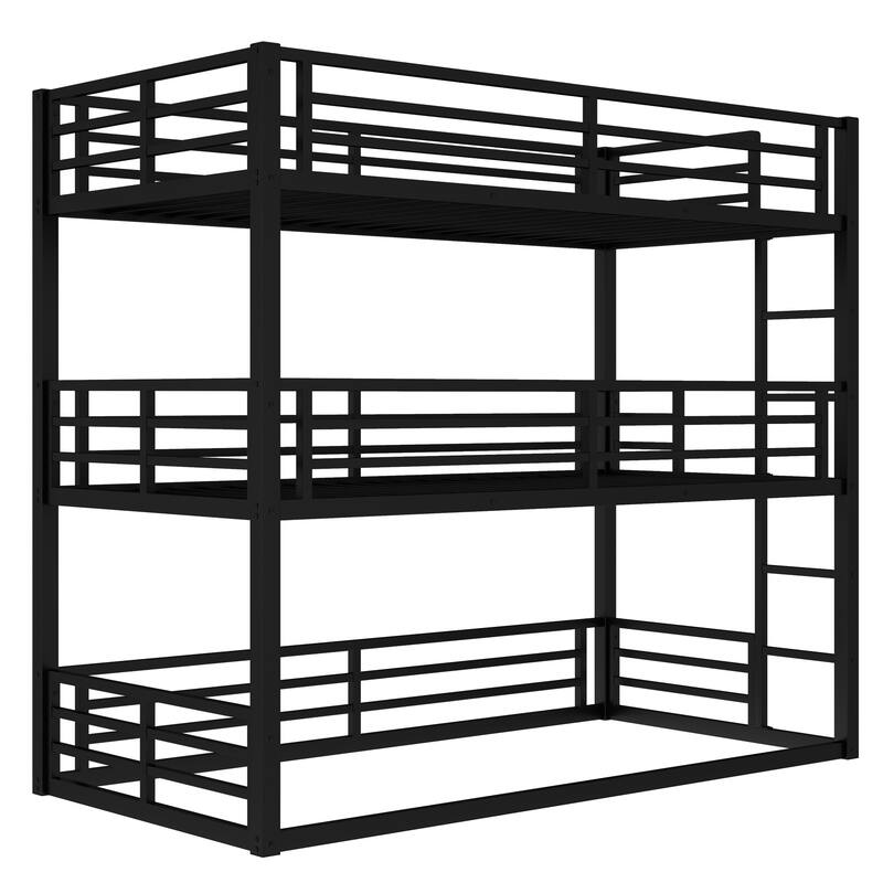 Heavy Duty Metal Bunk Bed Frame, Triple Floor Bunk Bed, Metal Triple Bunk Bed Frame with Safety Guardrails
