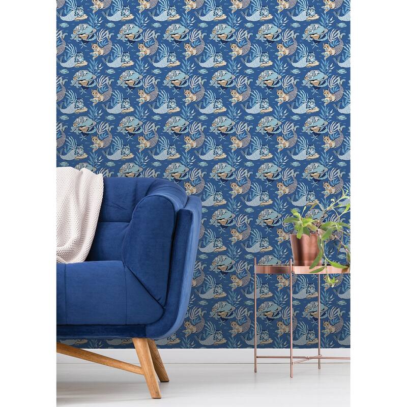 PrintFresh Meowing Mermaids Blue Peel and Stick Wallpaper