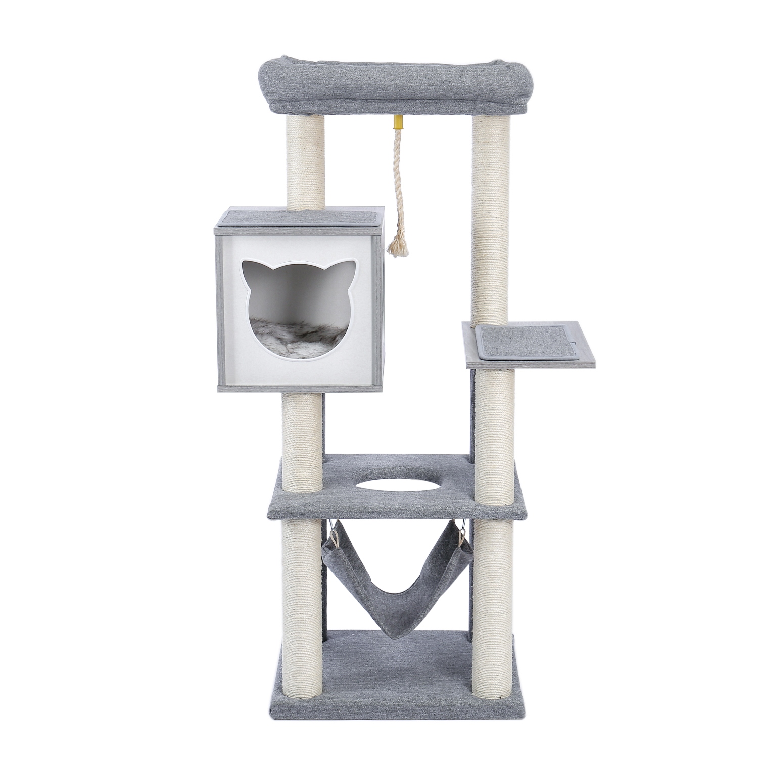 52 Gray Cat Tree with Hammock Scratching Posts Condo Multi Level Modern Wooden Tower for Adult Cats Grey