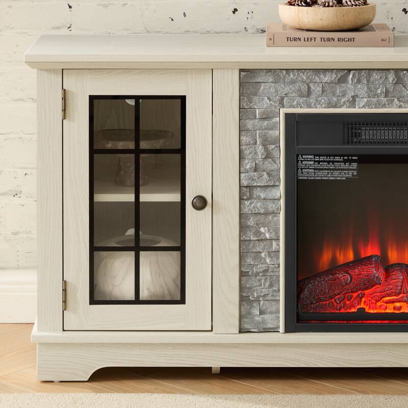 GDFStudio Eulalia Wood 2-Door Storage TV Stand with Faux Stone Mantle