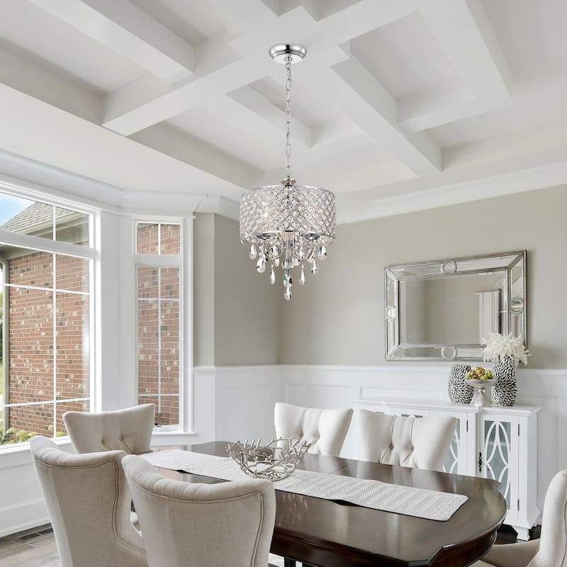 Marya 3-Light Chrome Round Beaded Drum Chandelier with Hanging Crystals, 12 in. Dia