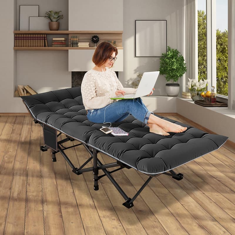 DoCred Folding Camping Bed Cot for Adults, Guest Bed with Mattress - Black