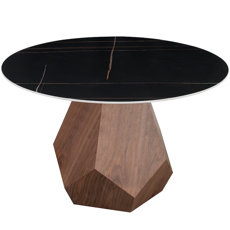 Nebo Round 47" Tempered Glass or Sintered Stone Top Dining Table with Geometric Design Ashwood Pedestal Base Kitchen Table