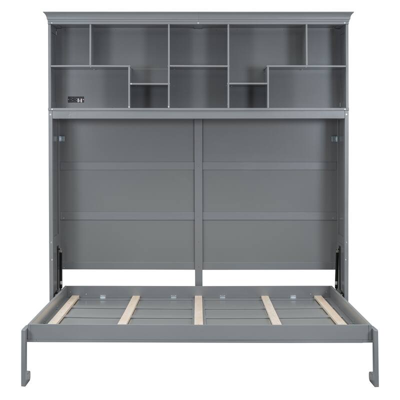 Queen Size Murphy Bed Wall Bed with Top Shelves, USB Ports & No Box Spring Needed - Space-Saving Design for Multi-Use Rooms