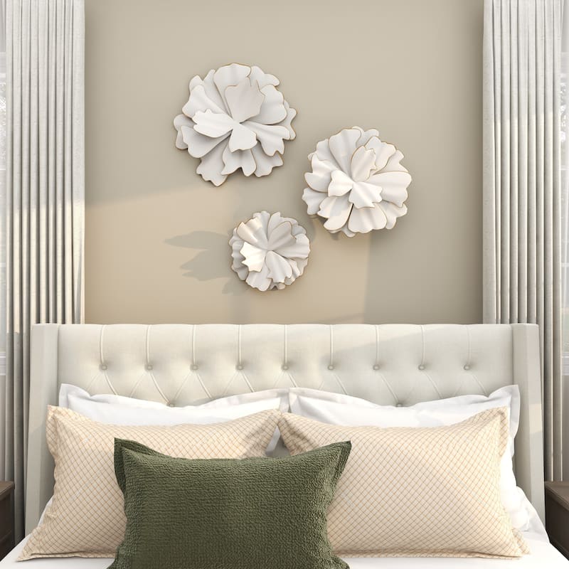 White Metal 3D Floral Home Wall Decor with Gold Edges (Set of 3)