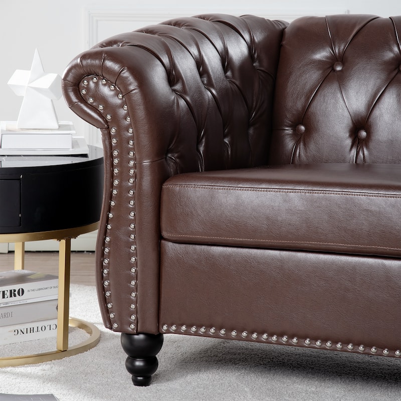 Dark Brown PU 38.98" Buttons Tufted Accent Chair with Birch Legs
