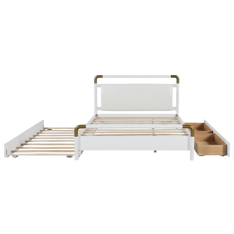Queen Size Wooden Platform Bed with Upholstered Headboard, Solid Pinewood Storage Bed Frame with 2 Drawers and Twin-XL Trundle