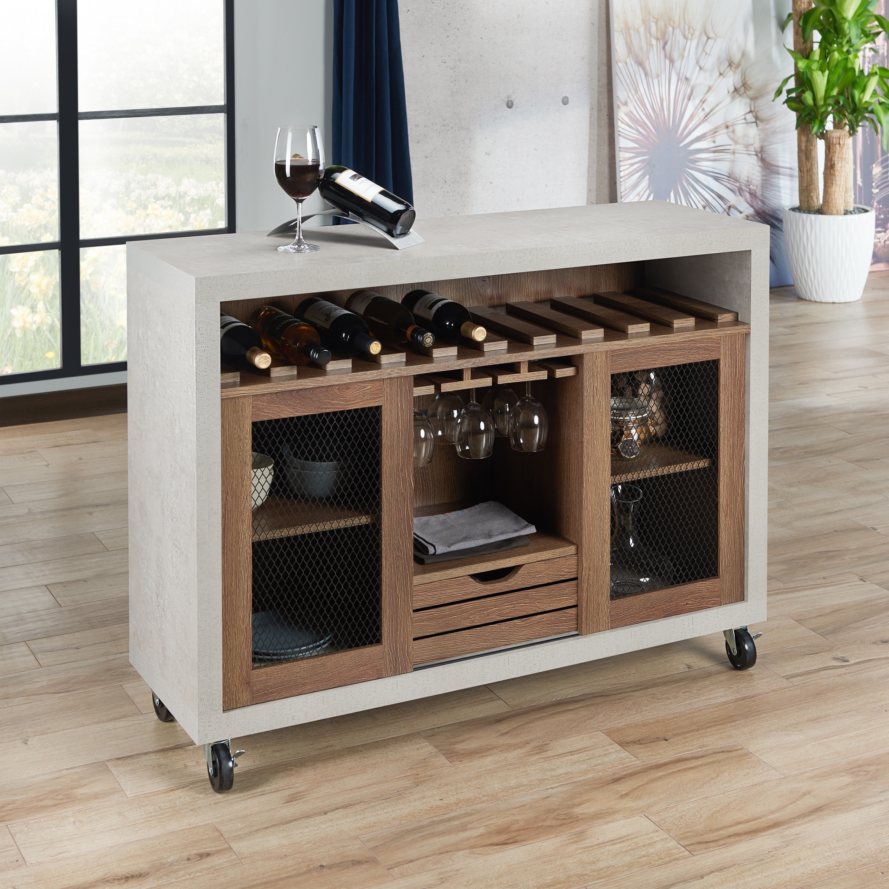 Furniture of America Sene Contemporary Rolling Buffet Distressed Walnut Cement