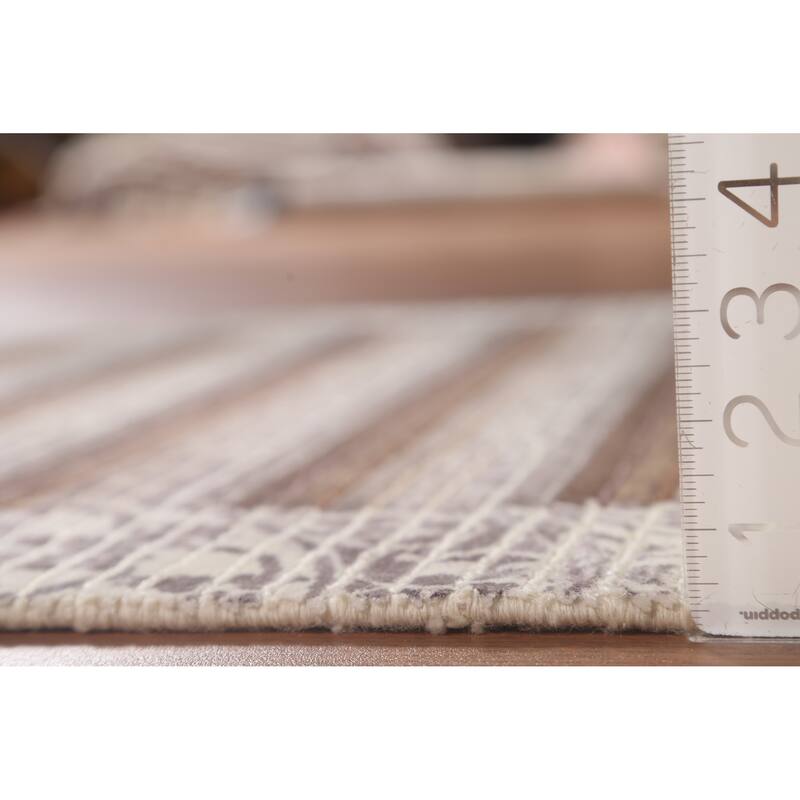 Striped Abstract Accent Rug Handmade Beige Wool Carpet - 2'8"x 4'8"
