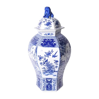 Hexagonal Floral Bird Medallion Temple Decorative Jar