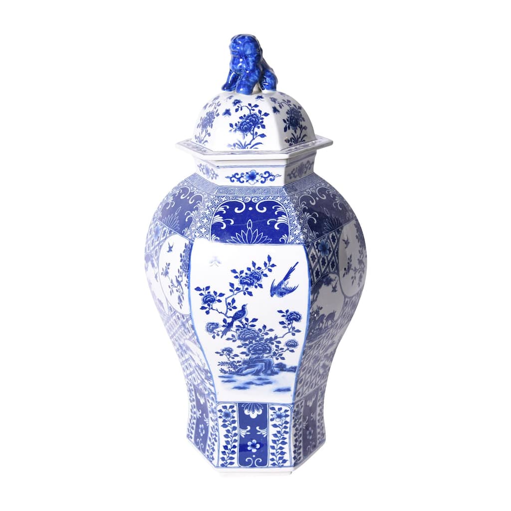 Hexagonal Floral Bird Medallion Temple Decorative Jar