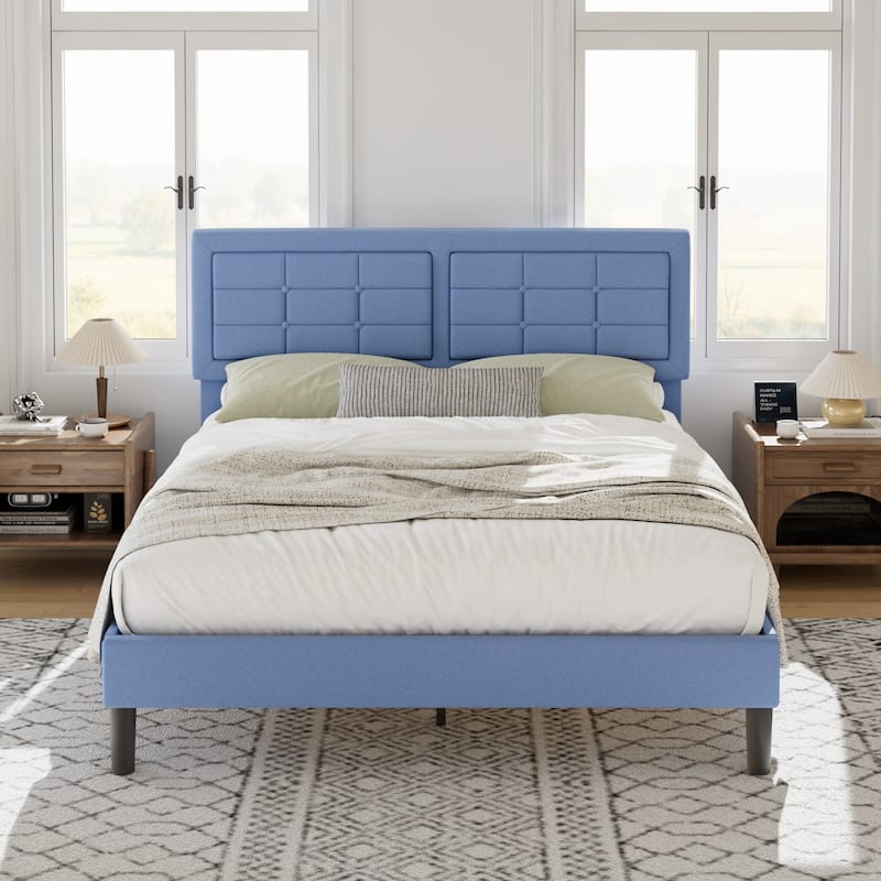 VECELO Bed Frame with Adjustable Headboard Upholstered Button Tufted Platform Bedframe with Wood Slats Support - Light Blue - Queen