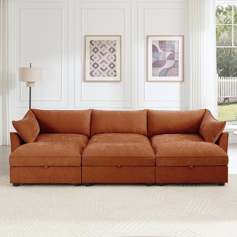 GDFStudio - Chenille 3-Seater 112.6" Modular Sofa with 3 Ottomans